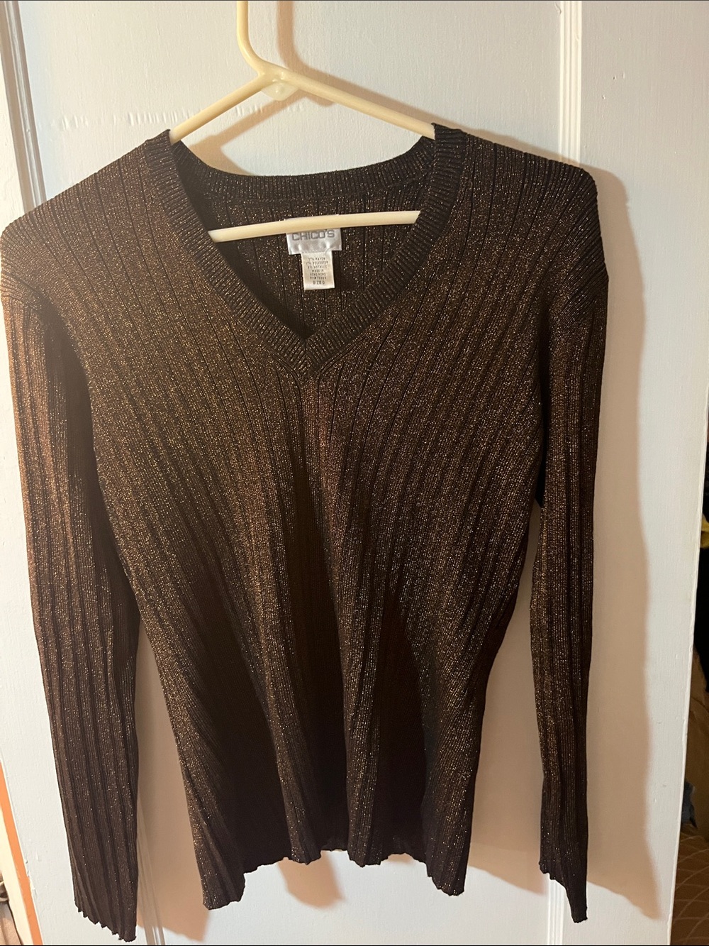 Chico's Brown Metallic Ribbed V-Neck Sweater - Men's